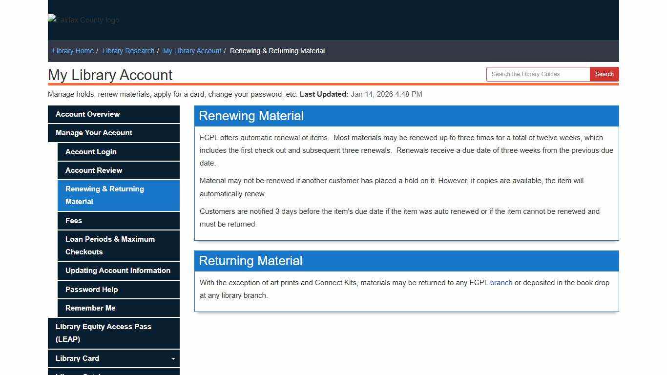 Renewing & Returning Material - My Library Account - Library Research at Fairfax County Government