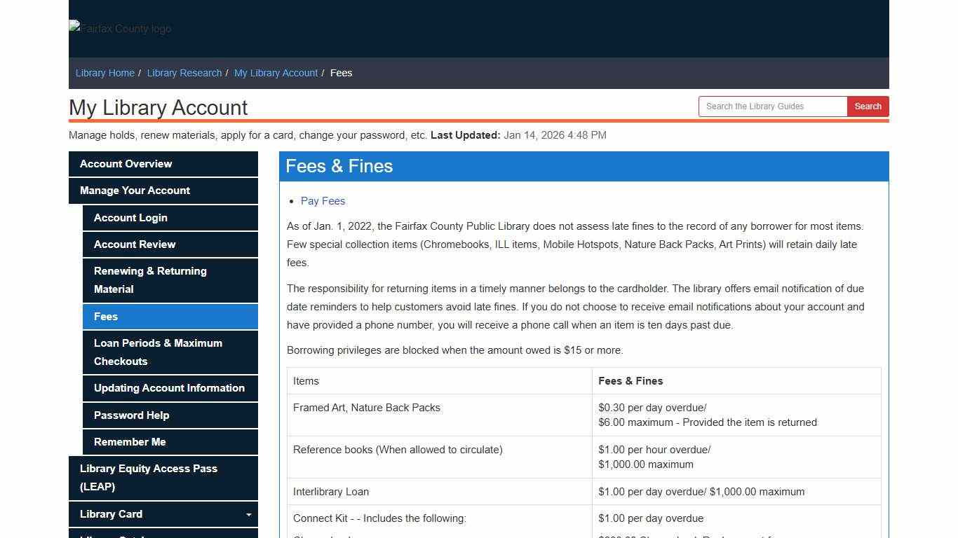 Fees - My Library Account - Library Research at Fairfax County Government